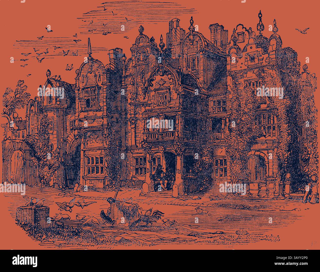Un'intricata e dettagliata dimora antica adornata da ornati elementi architettonici, circondata da vegetazione lussureggiante e uccelli sparsi nel cielo, evoca un senso di storia e mistero. Charles Dickens Barnaby Rudge 1841 illustrazione arte classica del XIX secolo con un tocco moderno reinventata da Artotop Foto Stock