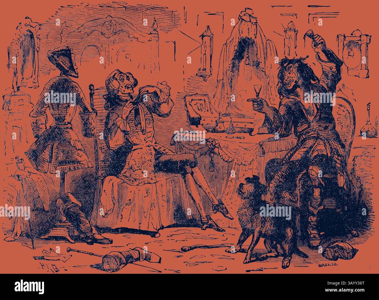 Una scena stravagante con un gruppo di personaggi impegnati in varie attività; una persona si gode un drink, mentre un'altra sembra esaminare un documento. Un cane da compagnia è nelle vicinanze e l'atmosfera è piena di allegria e curiosità, accentuata da arredi elaborati sullo sfondo. Charles Dickens Barnaby Rudge 1841 illustrazione arte classica del XIX secolo con un tocco moderno reinventata da Artotop Foto Stock