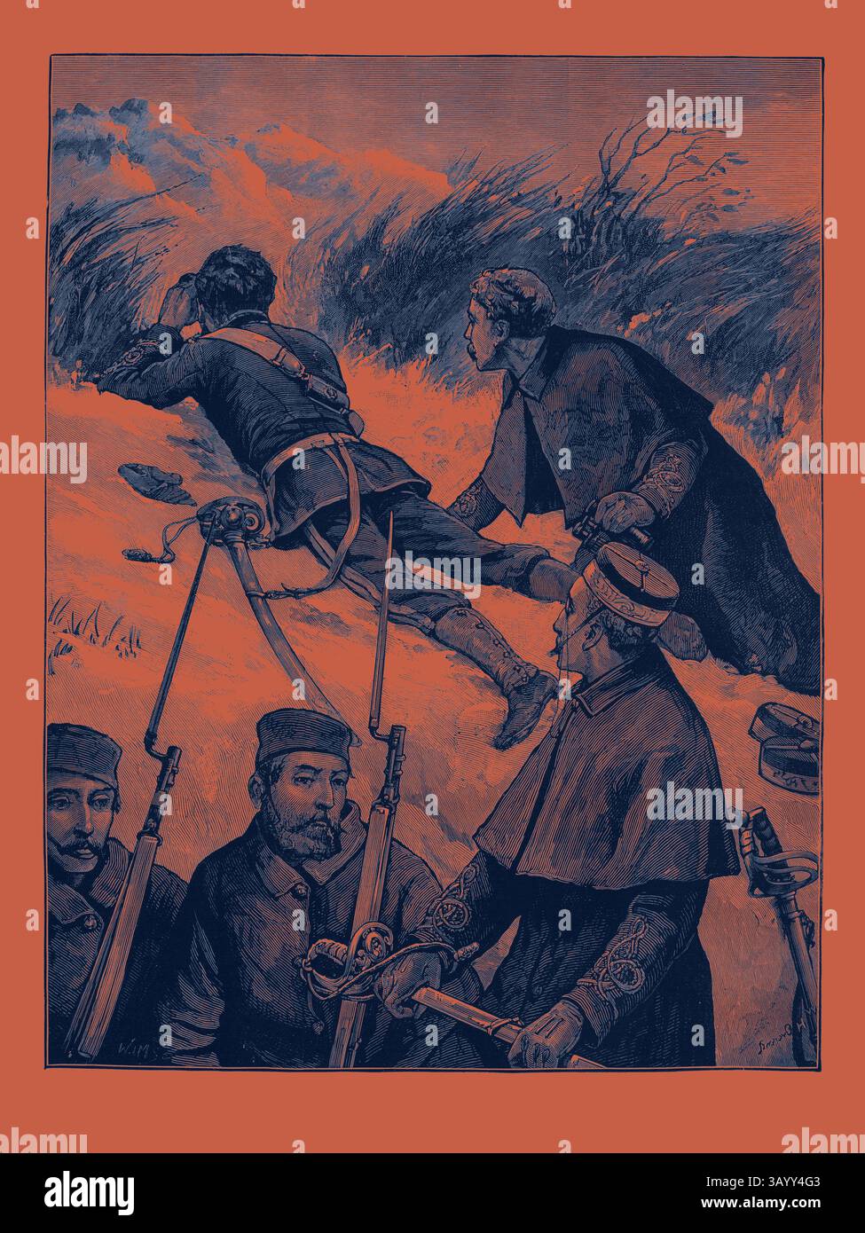 Un gruppo di soldati e ufficiali perlustra il campo di battaglia, con un soldato che prende la mira mentre altri osservano intensamente. La scena trasmette un senso di tensione e concentrazione durante un momento di strategia militare. The War in Afghanistan: Reconnoitring 1880 arte classica con un tocco moderno reinventata da Artotop Foto Stock