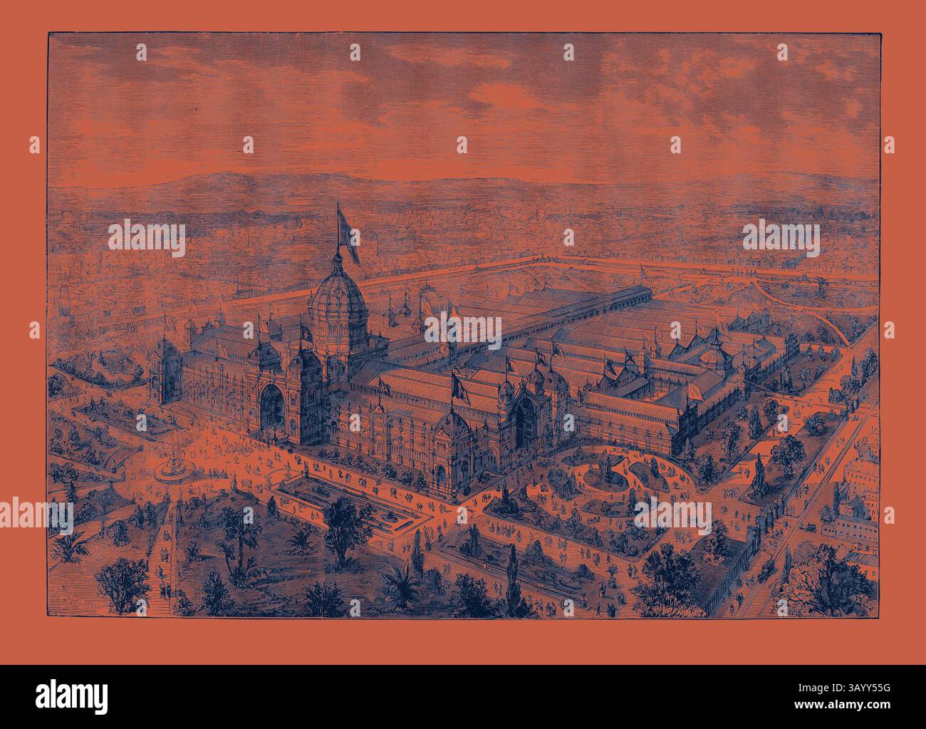 Un vasto complesso architettonico con un grandioso padiglione centrale, caratterizzato da dettagli intricati e una grande bandiera in cima alla sua cupola. Intorno ad esso si trovano giardini paesaggistici, fontane e una folla animata, il tutto adagiato su uno sfondo panoramico di colline ondulate. L'International Exhibition Building di Melbourne Australia 1880 arte classica con un tocco moderno reinventato da Artotop Foto Stock