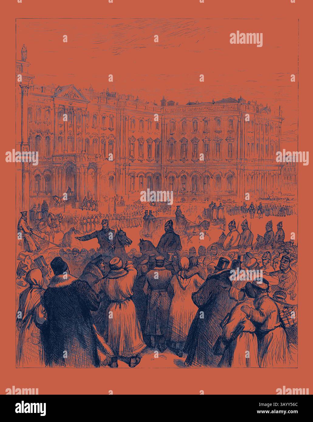 Un vivace raduno in una piazza storica, che mostra una folla di figure elegantemente vestite, tra cui uomini in alto cappello e donne in mantello, mentre osservano un oratore che si muove con passione davanti a una grande architettura. L'atmosfera e' piena di energia e anticipazione in uno sfondo di edifici degni di nota. L'attentato alla vita dello zar: La porta Soltykoff del Palazzo d'Inverno all'interno della quale si è verificata l'esplosione 1880 arte classica con un tocco moderno reinventata da Artotop Foto Stock