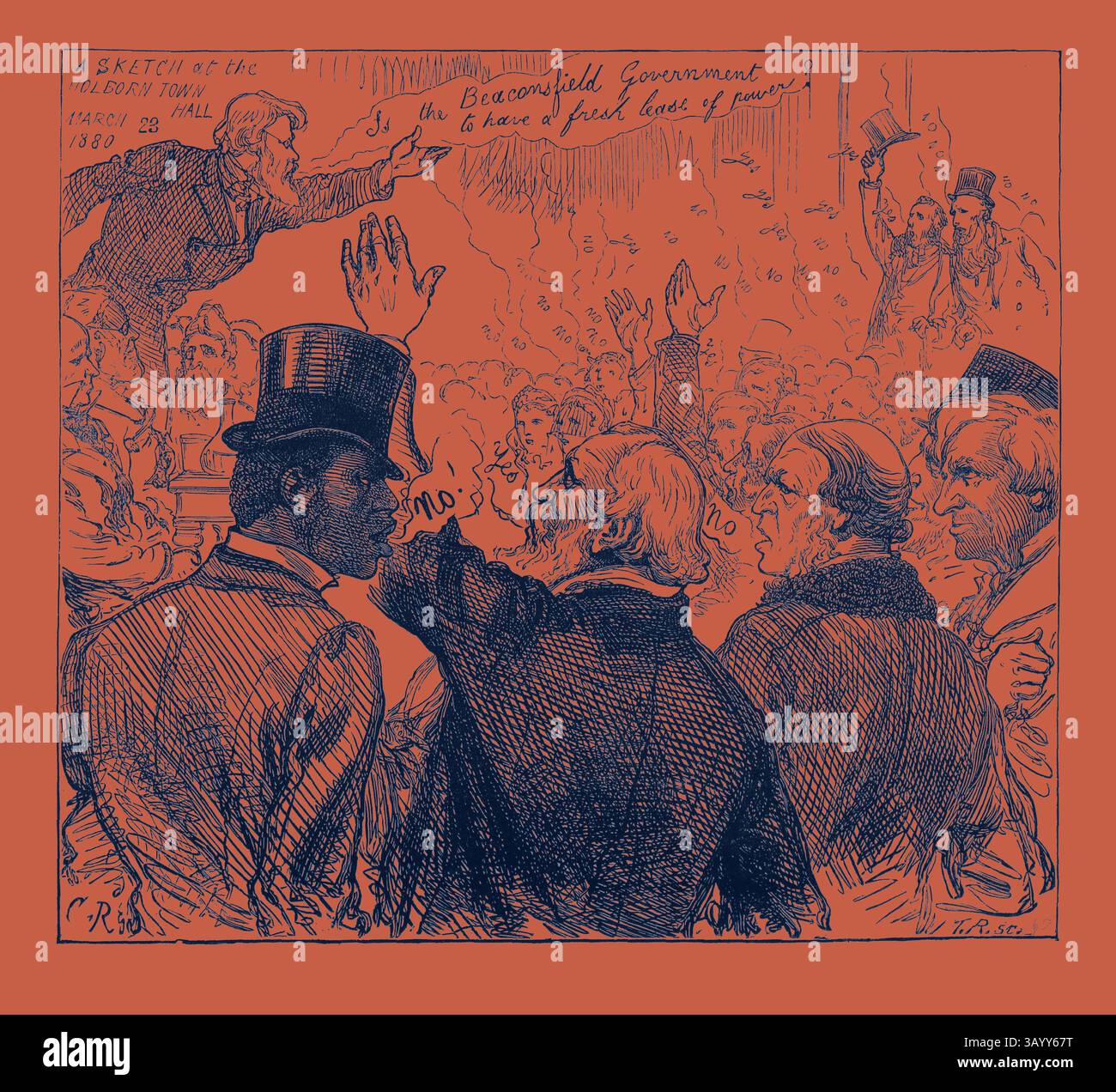 Un vivace raduno cattura un oratore appassionato che si rivolge a una folla impegnata, con individui in abbigliamento formale che reagiscono vigorosamente al discorso. La scena trasmette un senso di fervore politico e coinvolgimento comunitario in un contesto storico. A Sketch at the Holborn Townhall London: Il governo di Beaconsfield deve avere un nuovo leasing del potere? No! 1880 arte classica con un tocco moderno reinventata da Artotop Foto Stock