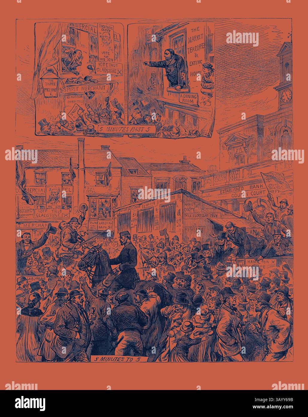 Una scena movimentata che raffigura una drammatica manifestazione politica, con un oratore che si rivolge a una grande folla. I dintorni sono pieni di poster e cartelli che riflettono il fervore del raduno. Sullo sfondo, edifici e strutture suggeriscono un ambiente urbano vivace, mettendo in evidenza un momento di impegno civico. Le elezioni generali: Le elezioni del Middlesex: Schizzi a Brentford 1880 arte classica con un tocco moderno reinventata da Artotop Foto Stock