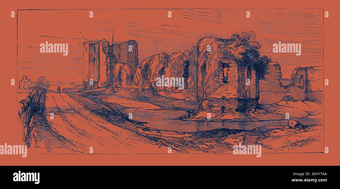 Un paesaggio desolato caratterizzato dai resti di un antico castello circondato da alberi, con un sentiero tortuoso e un sereno corpo d'acqua che riflette le rovine in lontananza. Irlanda: Ballintuber Castle County Roscommon 1880 Arte classica con un tocco moderno reinventata da Artotop Foto Stock