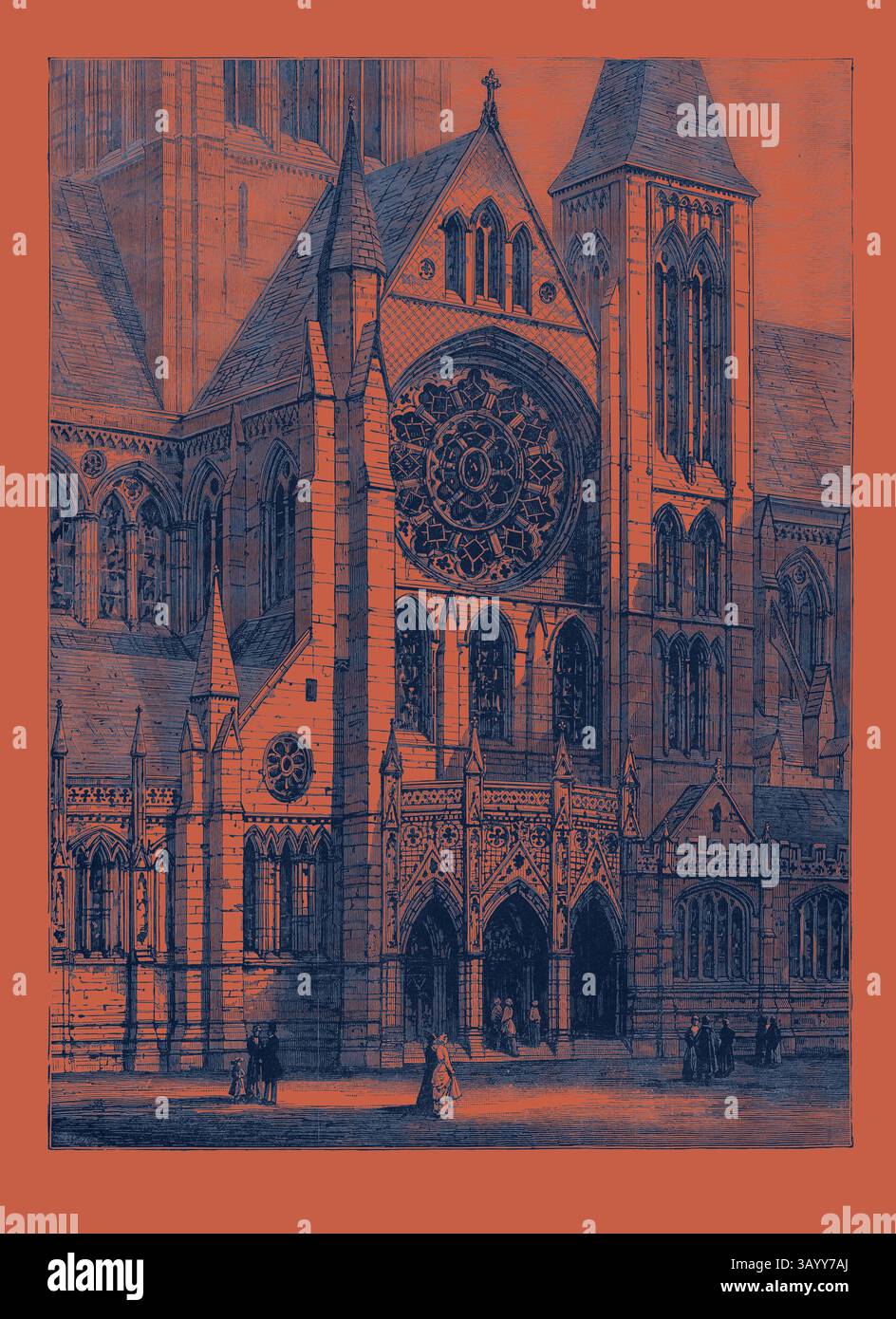Un'illustrazione dettagliata di una grande cattedrale caratterizzata da intricati elementi architettonici, tra cui torreggianti guglie, finestre ornate e un prominente rosone, animato da piccole figure vicino all'ingresso. La composizione generale trasmette un senso di significato storico e artigianato artistico. La nuova Cattedrale di Truro (il design dell'architetto): Ingresso al transetto sud 1880 arte classica con un tocco moderno reinventata da Artotop Foto Stock