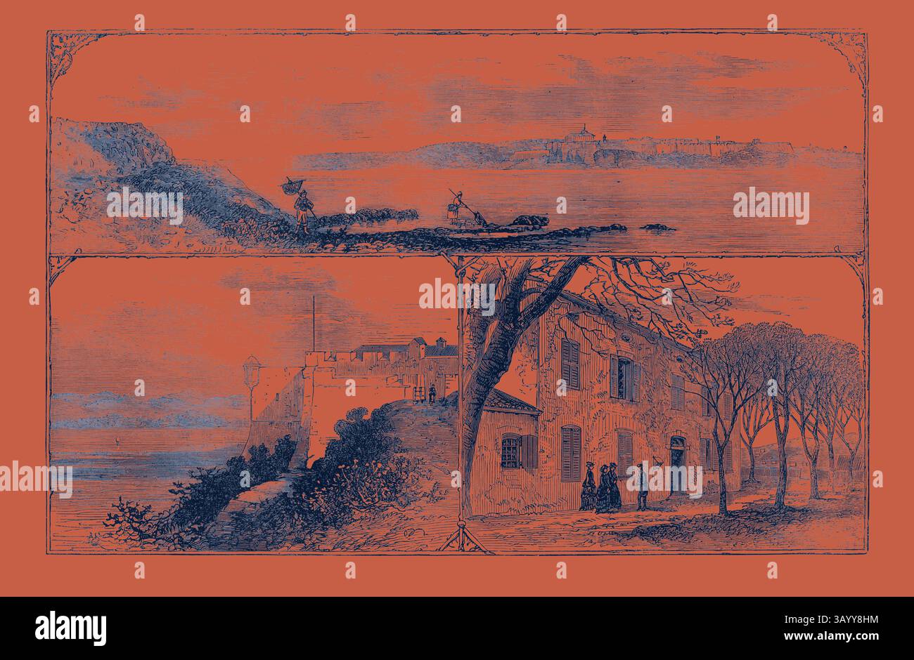 Sono raffigurate due scene dettagliate: La parte superiore mostra un paesaggio lontano con una figura che tende alla terra, mentre la parte inferiore presenta una fortificazione costiera accanto a un affascinante edificio, dove diverse persone si riuniscono sotto l'ombra degli alberi. Le ambientazioni contrastanti evocano un senso di storia e di connessione con la natura. L'isola e il forte di St. Marguerite la prigione dell'Ex-Marshal Bazaine 1874 arte classica con un tocco moderno reinventata da Artotop Foto Stock