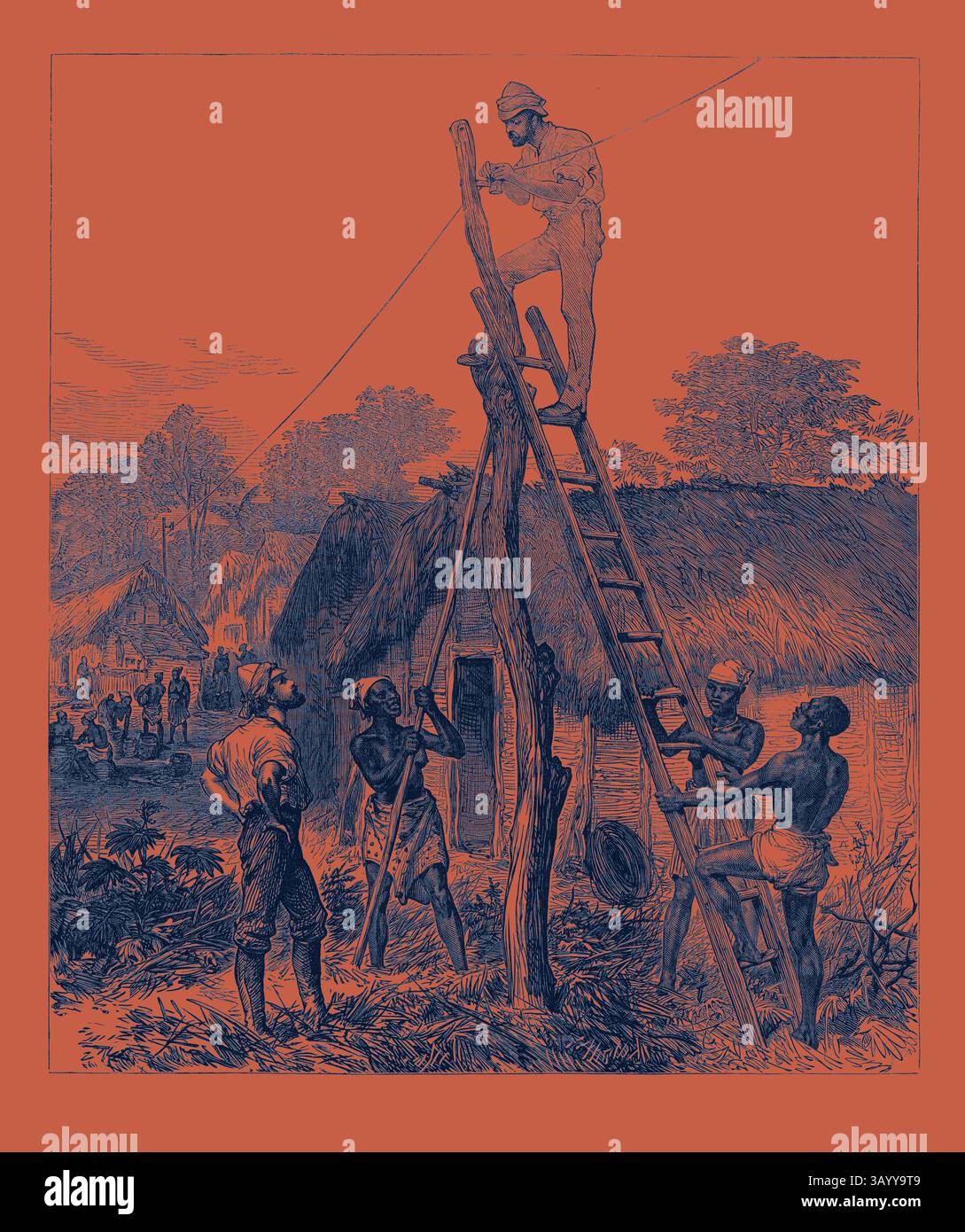Un gruppo di individui collabora a un progetto di costruzione, con una persona in piedi su una scala per regolare un alto palo di legno. La scena raffigura lavoro e lavoro di squadra in un ambiente rurale, circondato da semplici capanne e vegetazione. The Ashantee War: Fixing Telegraph Wire on the Road to the Prah 1874 Classic art con un tocco moderno reinventato da Artotop Foto Stock