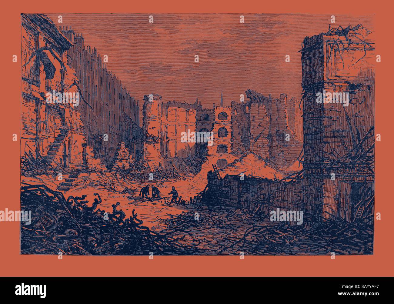 Una scena che raffigura un paesaggio urbano post-apocalittico, con edifici sbriciolati, detriti e figure che navigano nell'ambiente desolato, simboleggiando la distruzione e la desolazione. Rovine del Belgrave Pantechnicon London 1874 arte classica con un tocco moderno reinventata da Artotop Foto Stock