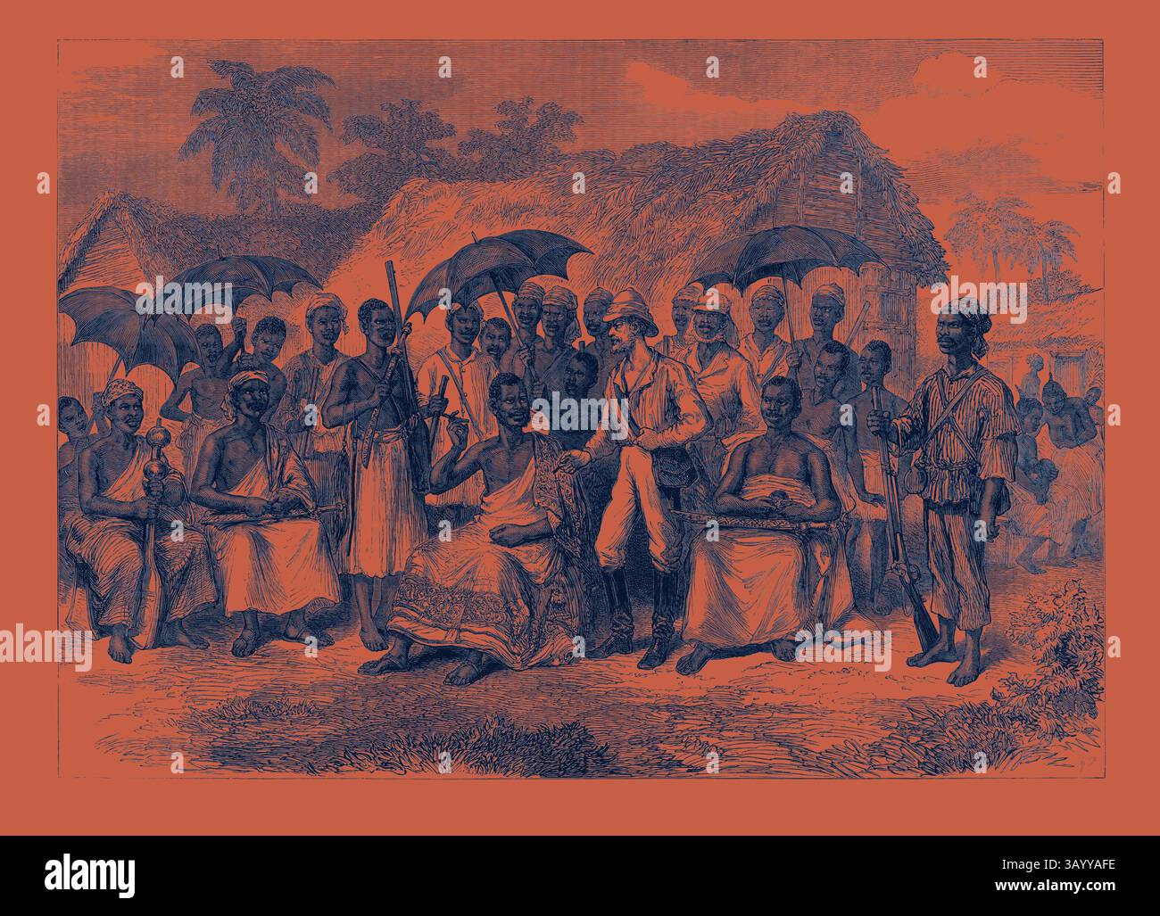 Un raduno di individui di diversi ambienti, alcuni seduti mentre altri si alzano in piedi, mostrando una miscela di abbigliamento tradizionale e accessori come ombrelli. La scena riflette un momento di interazione in un ambiente comune, ambientato contro semplici capanne e lussureggianti fogliame. The Ashantee War: Una conferenza con un re nativo 1874 arte classica con un tocco moderno reinventata da Artotop Foto Stock