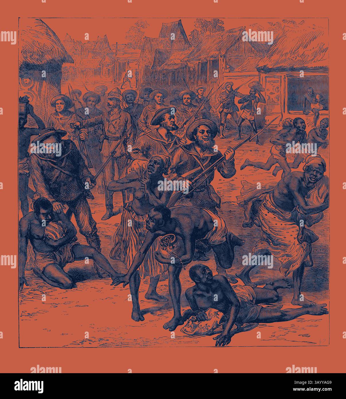 Una scena drammatica raffigurante un conflitto storico, che mostra un gruppo di individui armati impegnati in uno scontro, circondati da cittadini in varie pose di angoscia e resistenza. L'ambientazione riflette un momento turbolento in un villaggio, con strutture e una folla di persone che illustrano il caos della situazione. The Ashantee War: The Naval Brigade che sgombra le strade dell'arte classica di Coomasie 1874 con un tocco moderno reinventato da Artotop Foto Stock