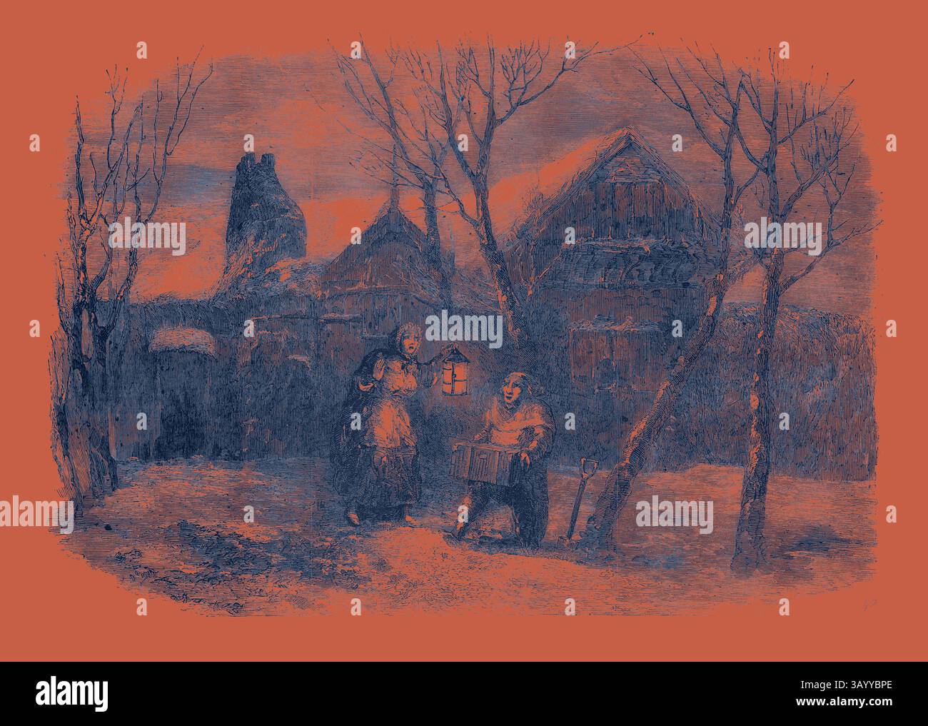 Una pittoresca scena invernale presenta un'accogliente casa circondata da alberi aridi, con due figure vestite con abiti vintage; una tiene una lanterna mentre l'altra suona uno strumento musicale, suggerendo un'atmosfera festosa tra la neve. L'Elfin di Hazlenook Toby Postlethwaite recupera la vecchia arte Treasure Classic con un tocco moderno reinventato da Artotop Foto Stock Una pittoresca scena invernale presenta un'accogliente casa circondata da alberi aridi, con due figure vestite con abiti vintage; una tiene una lanterna mentre l'altra suona uno strumento musicale, suggerendo un'atmosfera festosa tra la neve. L'Elfin di Hazlenook Toby Postlethwaite recupera la vecchia arte Treasure Classic con un tocco moderno reinventato da Artotop Foto Stock
