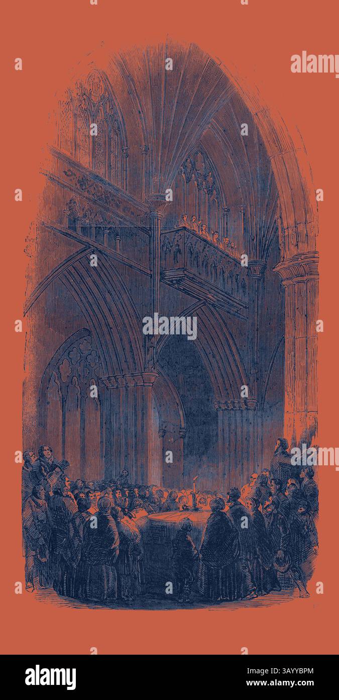 Un grandioso interno architettonico presenta archi torreggianti e dettagli intricati, dove un raduno di persone si concentra su una figura centrale, illuminata sullo sfondo drammatico. Cerimonia di Natale nella Cattedrale di Exeter arte classica con un tocco moderno reinterpretato da Artotop Foto Stock