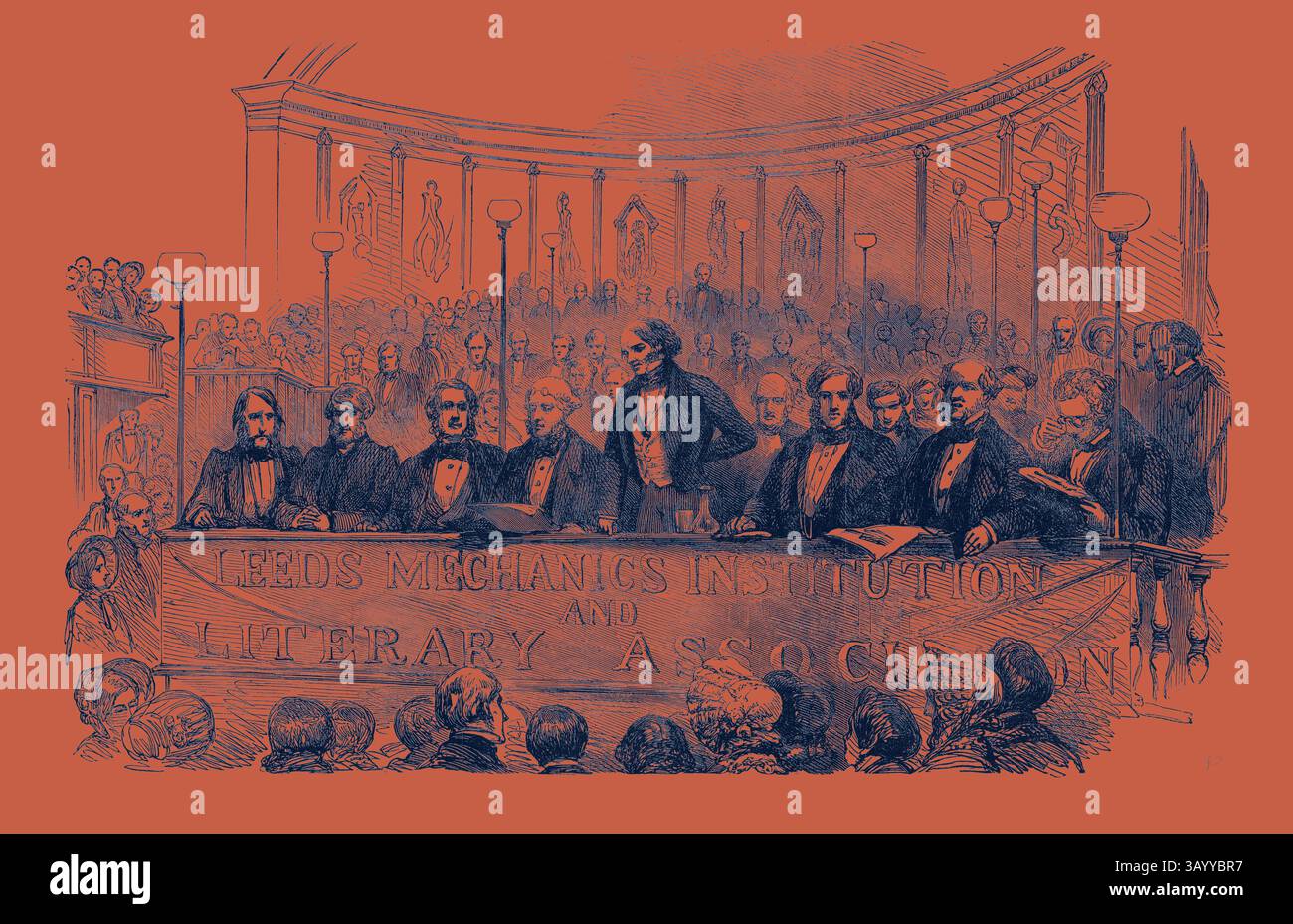 Un gruppo di uomini elegantemente vestiti si siede dietro un grande striscione che recita "Leeds Mechanics Institution and Literary Association", mentre un pubblico impegnato osserva in un'ambientazione di grande sala, evidenziando un momento di discussione o presentazione. Lord John Russell alla Soiree della Leeds Mechanics' Institution and Literary Society. Arte classica con un tocco moderno reinventata da Artotop Foto Stock