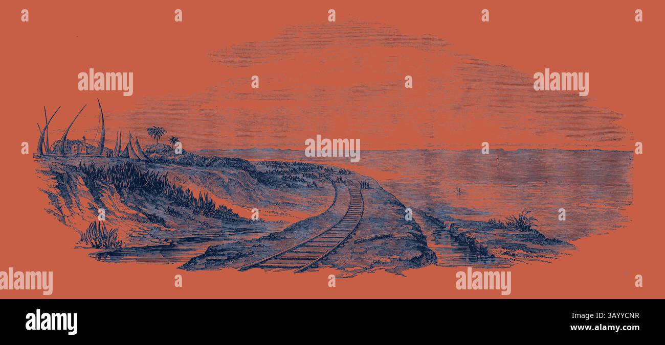 Un paesaggio sereno caratterizzato da un percorso ferroviario tortuoso lungo un calmo specchio d'acqua, con vegetazione lontana e strutture che suggeriscono un ambiente tranquillo e rurale. Opere ferroviarie e Temporary Rails, vicino all'arte classica di Alexandria con un tocco moderno reinventato da Artotop Foto Stock