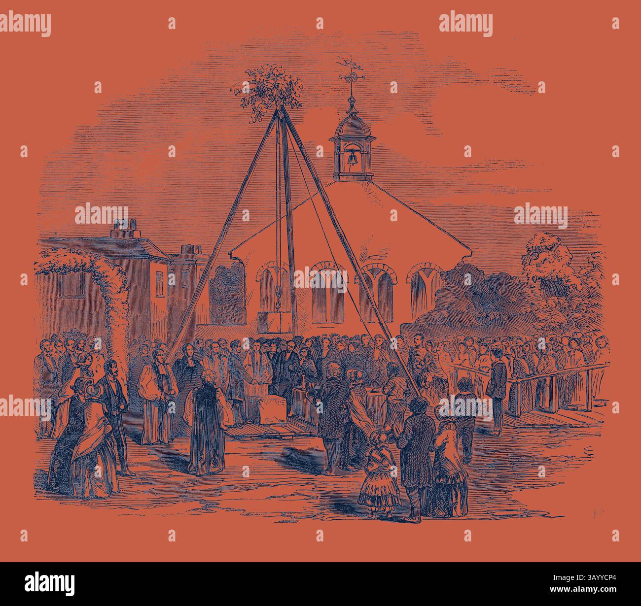 Un raduno festoso circonda un alto maypole, con persone vestite in abiti d'epoca che celebrano. La scena cattura un vivace evento della comunità, completo di un caratteristico edificio sullo sfondo e alberi che aggiungono un'atmosfera particolare. Famiglie e amici si riuniscono, mostrando tradizioni e gioia tradizionali. Sua altezza reale il Principe Alberto posa la pietra della Fondazione di una nuova Cappella della facilità, a Eton. Arte classica con un tocco moderno reinventata da Artotop Foto Stock