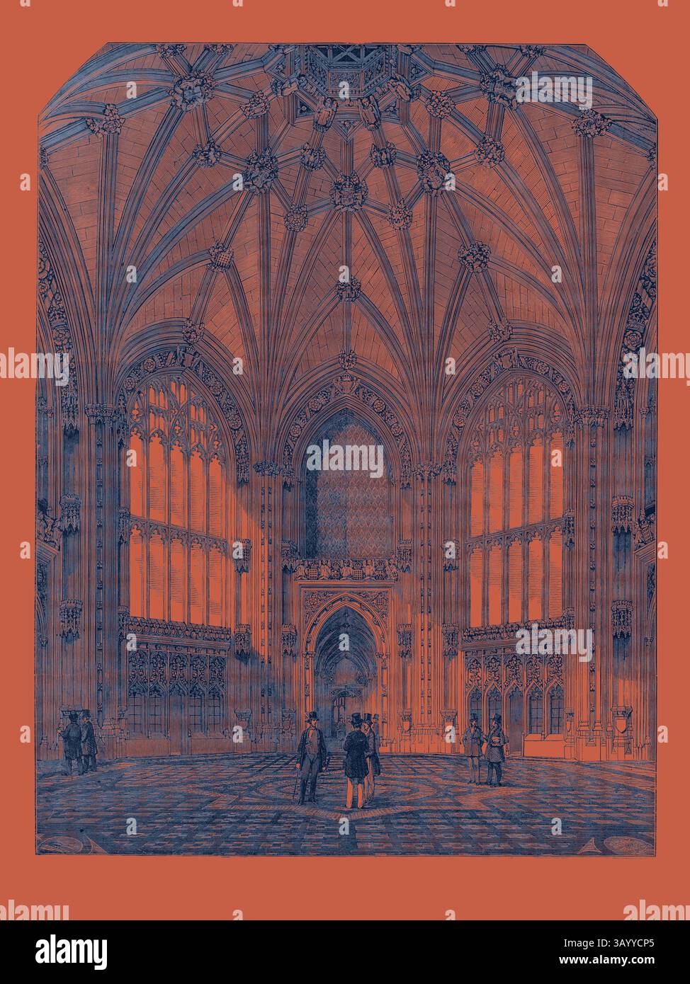 Una scenografia interna intricata e dettagliata presenta una grande sala in stile gotico con archi svettanti e finestre ornate, dove le figure dialogano casualmente tra la splendida architettura e l'elaborato pavimento. Le ricche trame e linee evidenziano il significato storico dello spazio. The New Palace, Westminster: The Great Octagon, o Central Hall, New Houses of Parliament, 1852 arte classica con un tocco moderno reinventata da Artotop Foto Stock