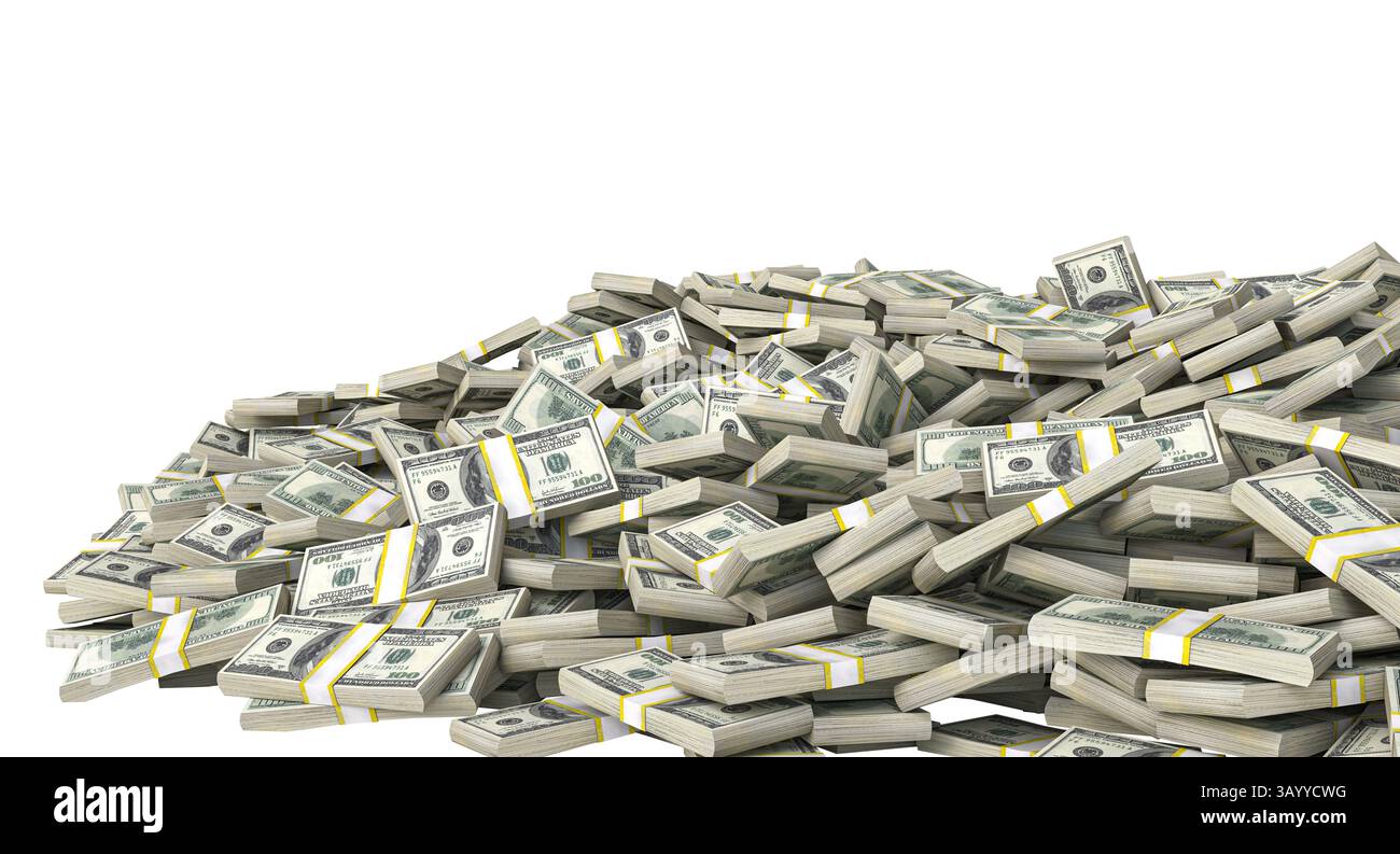 banconote da cento dollari che formano montagne su sfondo trasparente 3d. Foto Stock