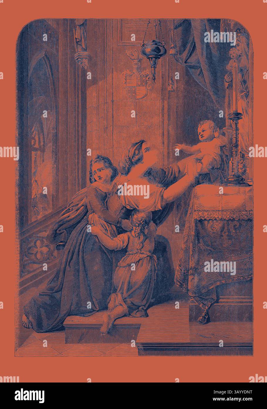 Una scena che raffigura una madre circondata da bambini in un momento di gioia, con un'illuminazione soffusa che ne esalta le espressioni. L'ambientazione presenta dettagli ornamentali che suggeriscono un contesto storico o religioso. The Refuge at the Altar from a Picture by Daege, arte classica di Berlino con un tocco moderno reinventata da Artotop Foto Stock