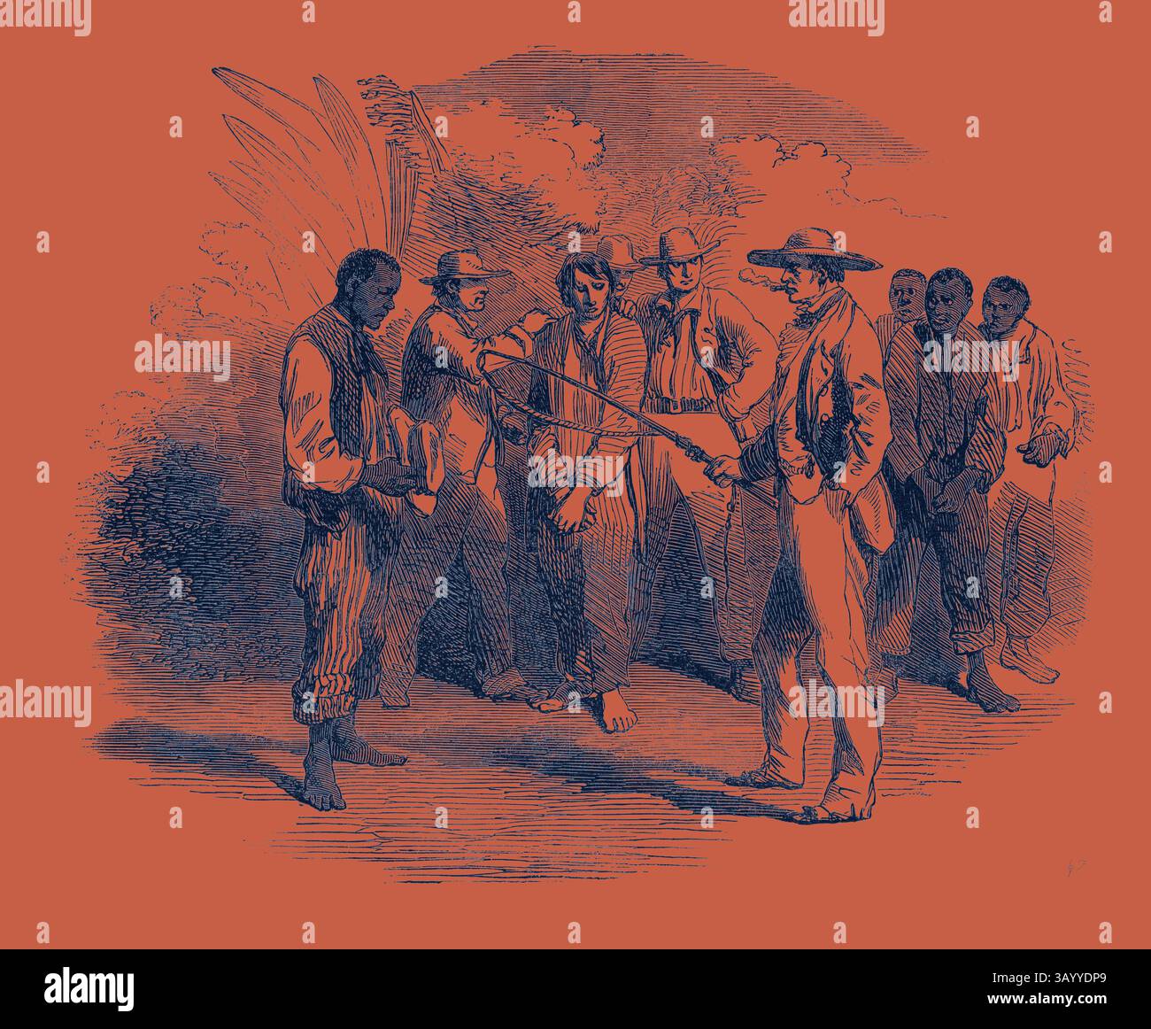 Un gruppo di figure, inclusi individui di diversa provenienza, si impegna in un'interazione tesa, con una persona che brandisce un'arma, mentre altri sembrano essere sospesi o sottomessi. La scena trasmette uno stato d'animo forte, suggerendo temi di conflitto e dinamiche di potenza. Scena dal nuovo dramma di "capanna dello zio Tom" all'Olympic Theatre, 1852 arte classica con un tocco moderno reinventata da Artotop Foto Stock