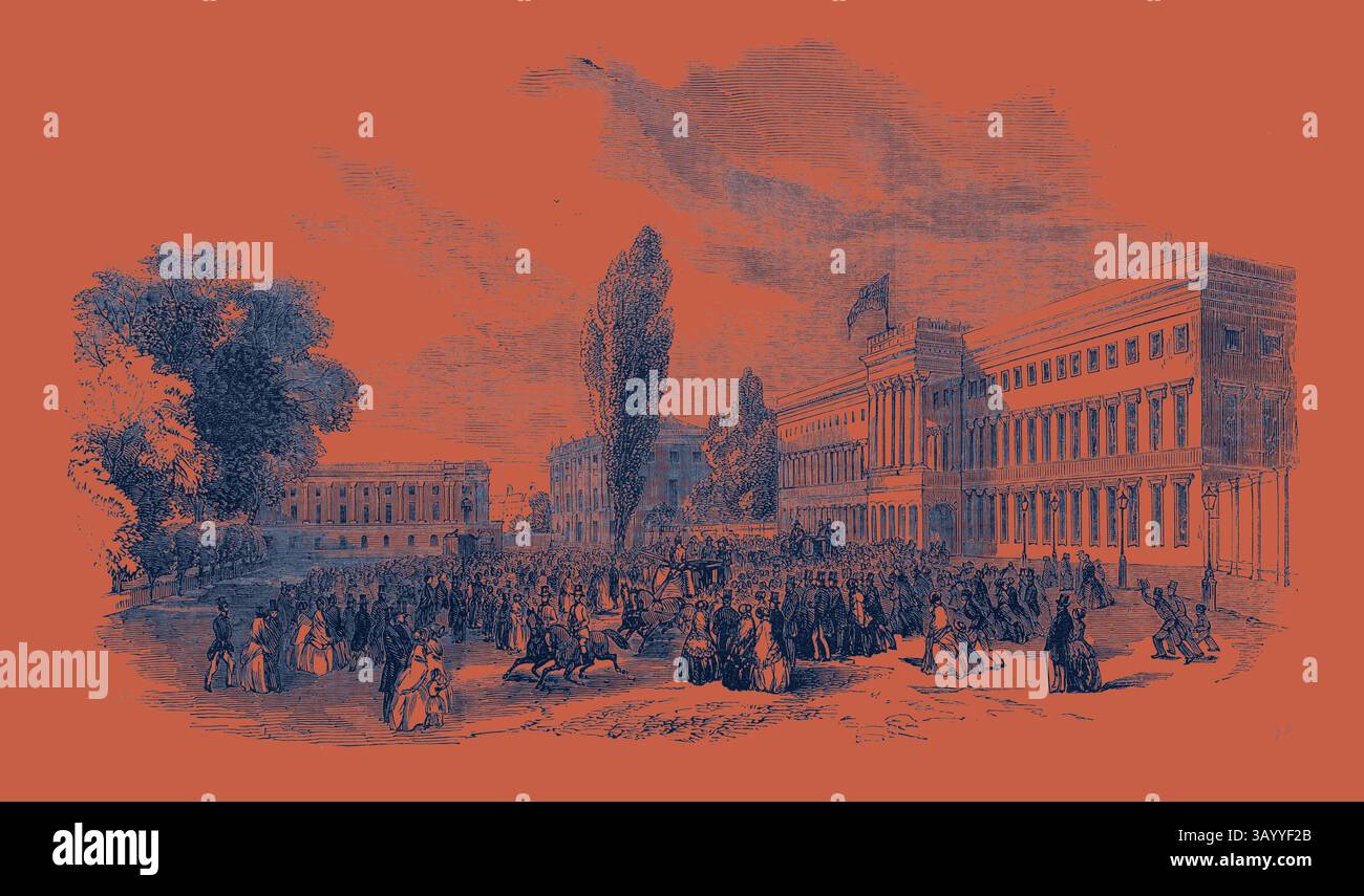 Una scena dettagliata raffigurante una grande folla riunita di fronte a grandi edifici, circondata da alberi lussureggianti e architettura storica, che suggerisce un evento o una celebrazione memorabile. Visita di sua Maestà in Belgio: Place Du Palais, Bruxelles, la Regina in partenza per Laacken, 1852 arte classica con un tocco moderno reinventata da Artotop Foto Stock