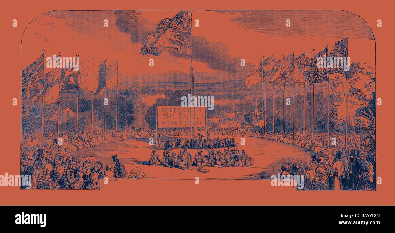 Una scena storica che raffigura un grande raduno in cui le persone celebrano sotto una moltitudine di bandiere, con uno striscione centrale che proclamava "il successo agli agricoltori dell'Occidente", evidenziando un momento di unità e festività. Il New Crystal Palace, Sydenham, piazzando il primo pilastro, 1852 arte classica con un tocco moderno reinventata da Artotop Foto Stock