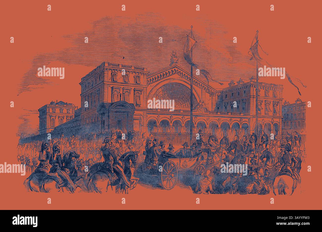 Una scena movimentata caratterizzata da un grande edificio adornato con bandiere, mentre una folla si riunisce per un evento importante, con carrozze trainate da cavalli e cavalieri che aggiungono un'atmosfera vivace. Visita del Presidente francese a Strasburgo, partenza dalla stazione ferroviaria, a Parigi, 1852 arte classica con un tocco moderno reinventata da Artotop Foto Stock