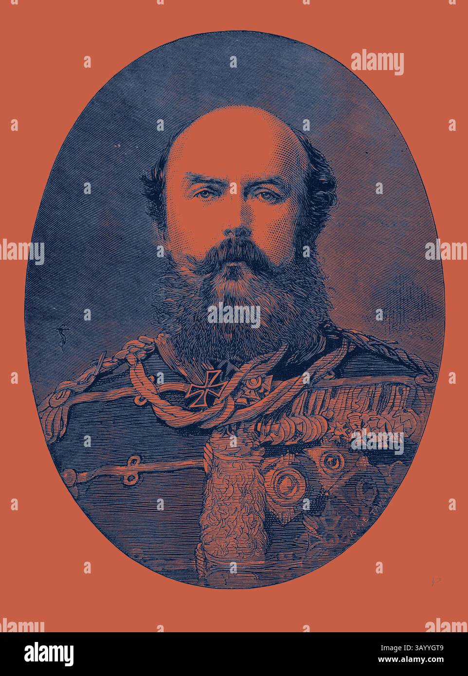 Una figura distinta in abbigliamento militare, adornata con elaborate decorazioni e una medaglia di spicco, guarda direttamente allo spettatore. Il ritratto cattura un senso di autorità e orgoglio, incorniciato in un ovale decorativo. Matrimonio di sua altezza reale il duca di Connaught: Il principe Federico Carlo di Prussia il padre della sposa 1879 arte classica con un tocco moderno reinventata da Artotop Foto Stock