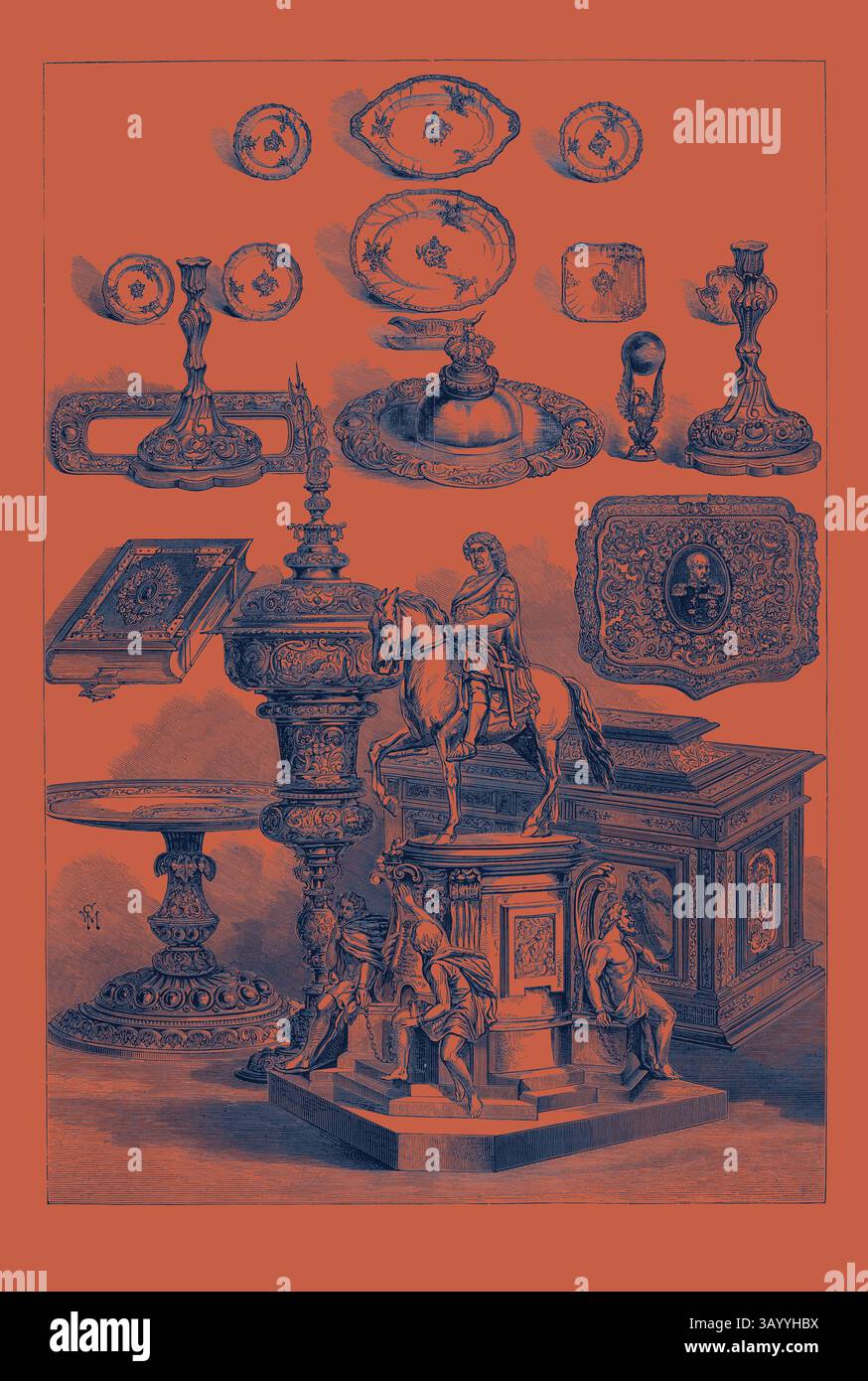 Una collezione di oggetti decorativi e manufatti, tra cui intricati candelieri, eleganti piatti e una dettagliata statua equestre, il tutto esposto su uno sfondo audace. Regali dall'Imperatore di Germania ai membri della Casa di sua Maestà in commemorazione del matrimonio reale 1879 Arte classica con un tocco moderno reinventato da Artotop Foto Stock