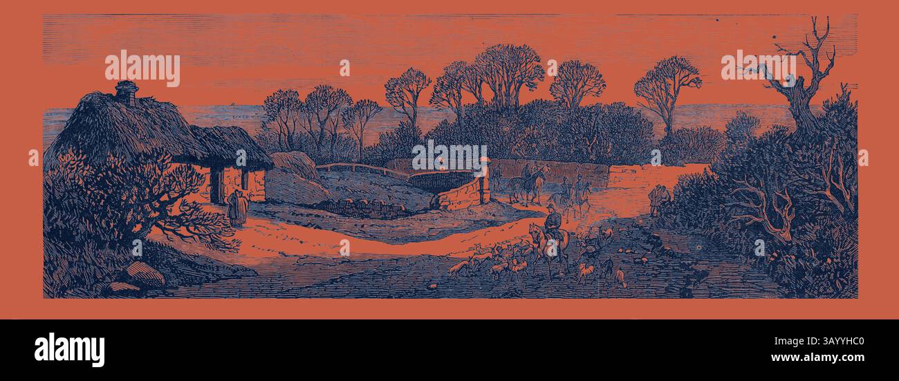 Una tranquilla scena rurale presenta un cottage con tetto di paglia circondato da alberi. Un sentiero tortuoso conduce verso un muro di pietra, con un paio di figure e animali impegnati nelle attività quotidiane, evocando un senso di tranquillità e fascino della campagna. Nel Meath Hunting Country: A un miglio dalla Hollywood Rath House a 13 miglia da Dublino Irlanda 1879 Arte classica con un tocco moderno reinventata da Artotop Foto Stock