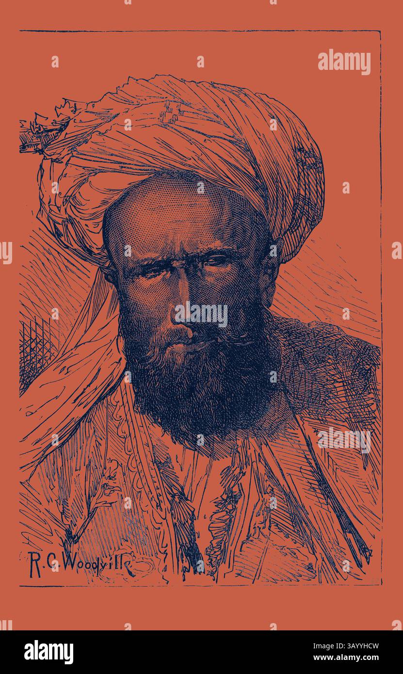 Un uomo barbuto in abbigliamento tradizionale guarda intensamente, adornato da un turbante e vestiti intricati, trasuda un senso di saggezza e forza. Motivi e texture intricati aggiungono profondità alla sua presenza dignitosa. La guerra in Afghanistan: Uomini di diverse tribù afghane: Mahaz Khan (un tagiko) Khan di Pesh Bolak 1879 arte classica con un tocco moderno reinventata da Artotop Foto Stock