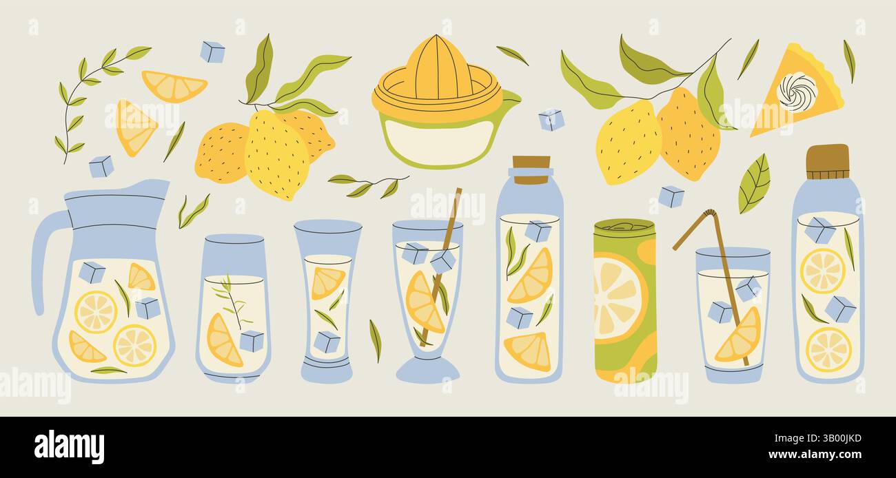 Set di rinfrescanti limonate estive in occhiali Illustrazione Vettoriale