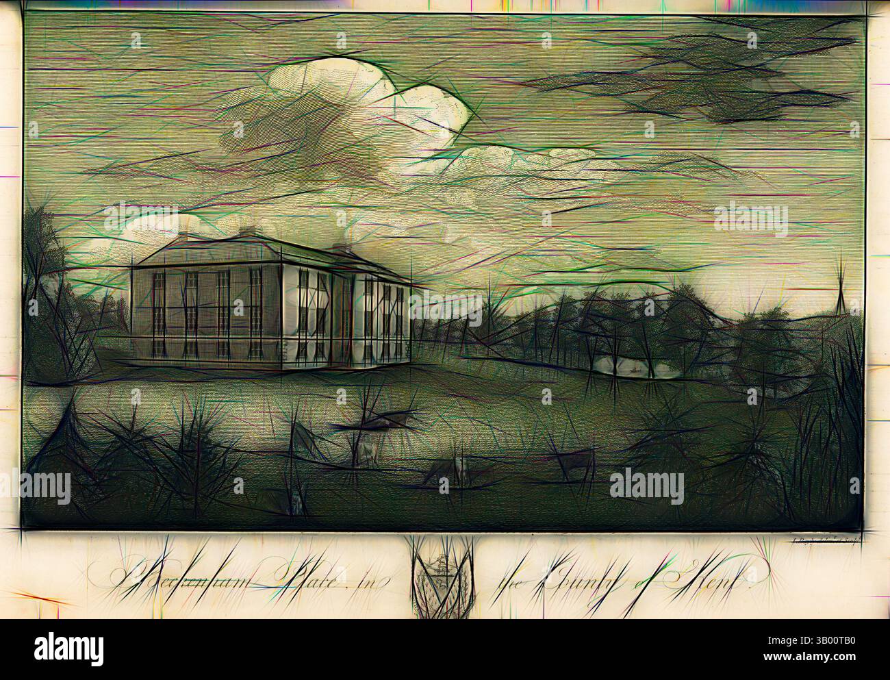 Una moderna struttura architettonica sorge in mezzo a un paesaggio surreale, circondato da alberi stilizzati e formazioni di nuvole dinamiche, che evocano un senso di tranquillità e contemplazione. Arte classica con un tocco moderno reinventata da Artotop Foto Stock