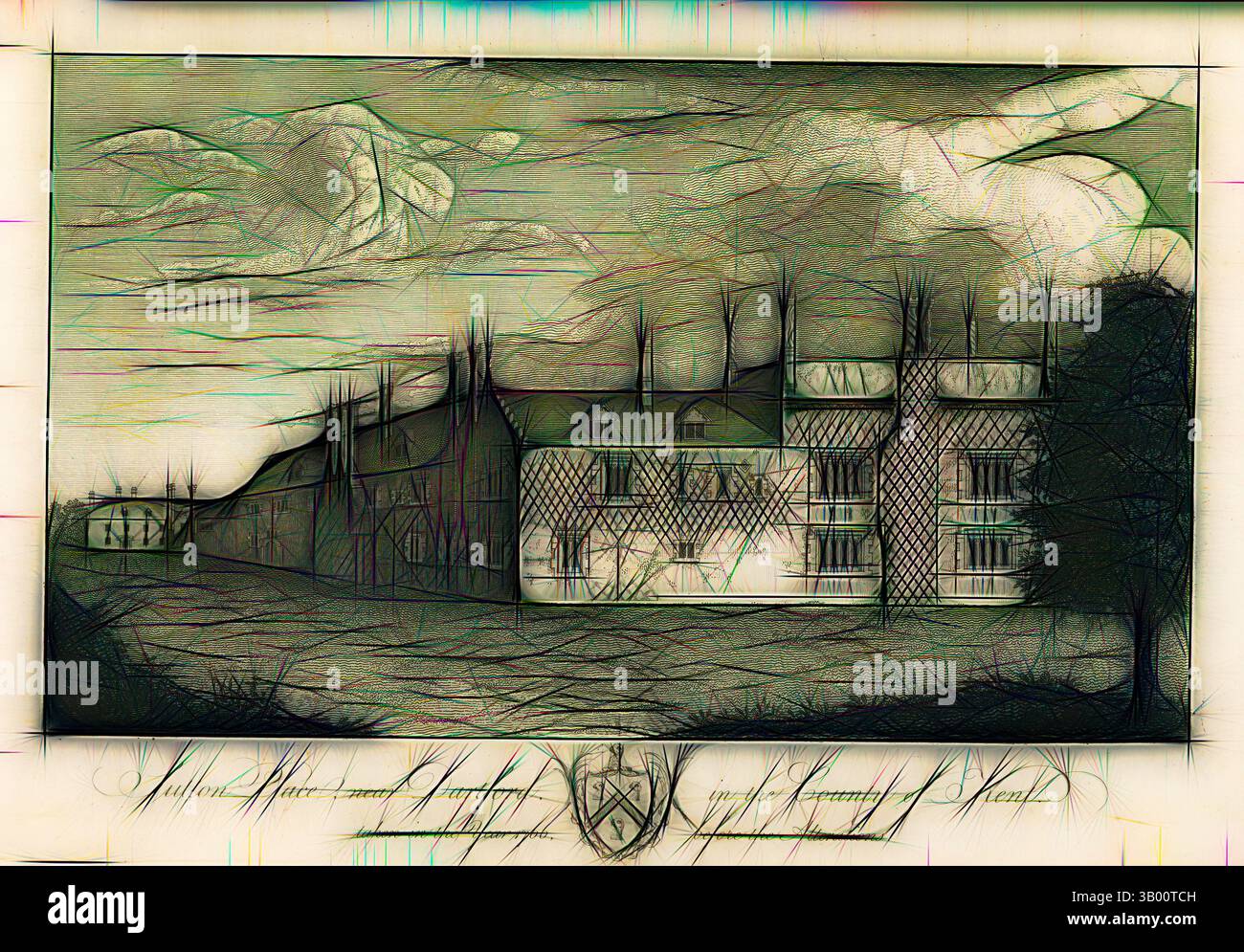 Una rappresentazione stilizzata di un edificio storico circondato da paesaggi astratti, caratterizzato da motivi intricati e texture esagerate. Nuvole spettacolari si stagliano sopra, per aggiungere un tocco artistico all'ambiente sereno. Arte classica con un tocco moderno reinventata da Artotop Foto Stock