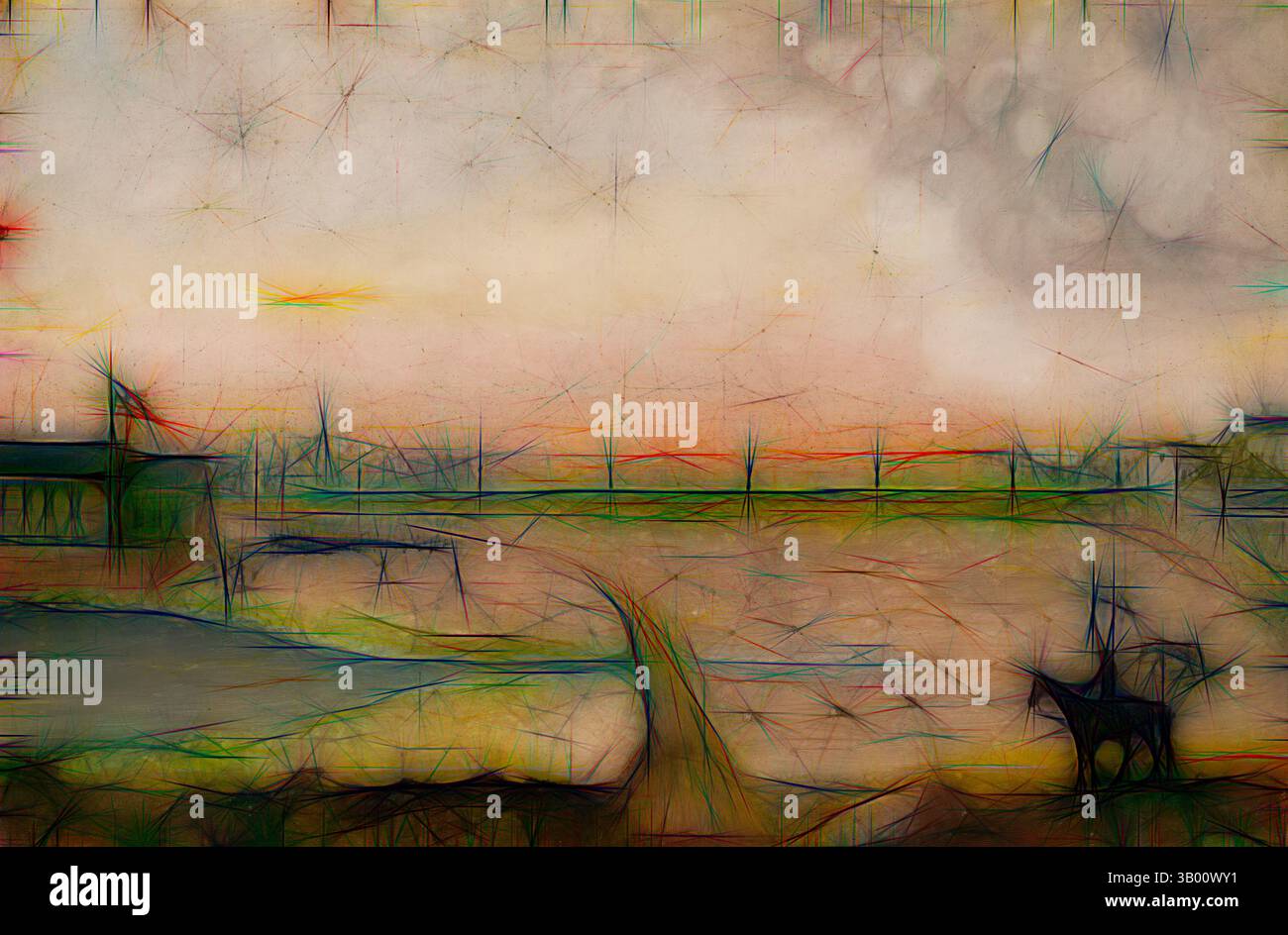 Un paesaggio da sogno caratterizzato da un orizzonte sereno con colori tenui, nuvole mostruose in alto e forme astratte che suggeriscono alberi lontani e un corpo d'acqua. La scena evoca un senso di calma e tranquillità. Arte classica con un tocco moderno reinventata da Artotop Foto Stock