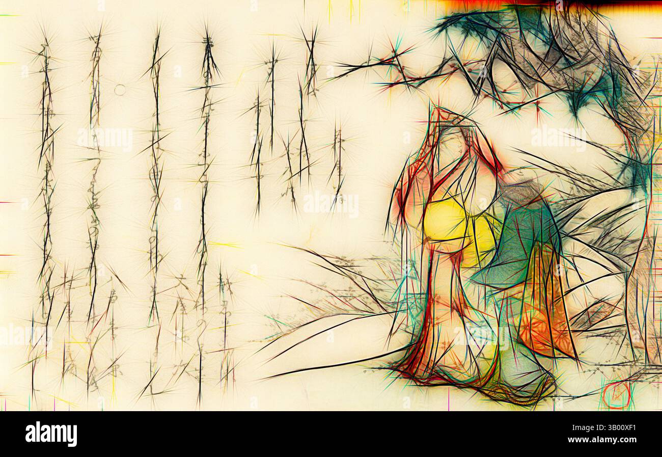 Un paesaggio sereno caratterizzato da una figura drappeggiata in abiti scorrevoli, circondata da alberi delicati e stilizzati e motivi astratti, che evocano un senso di tranquillità e arte. Arte classica con un tocco moderno reinventata da Artotop Foto Stock