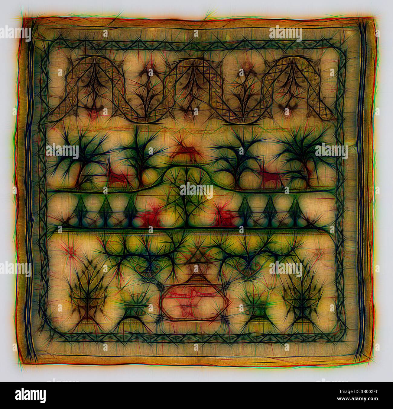 Un complesso arazzo caratterizzato da un design intricato di flora e fauna, con alberi, animali e motivi geometrici stilizzati che creano una storia vivace su tutto il tessuto. Arte classica con un tocco moderno reinventato da Artotop Foto Stock