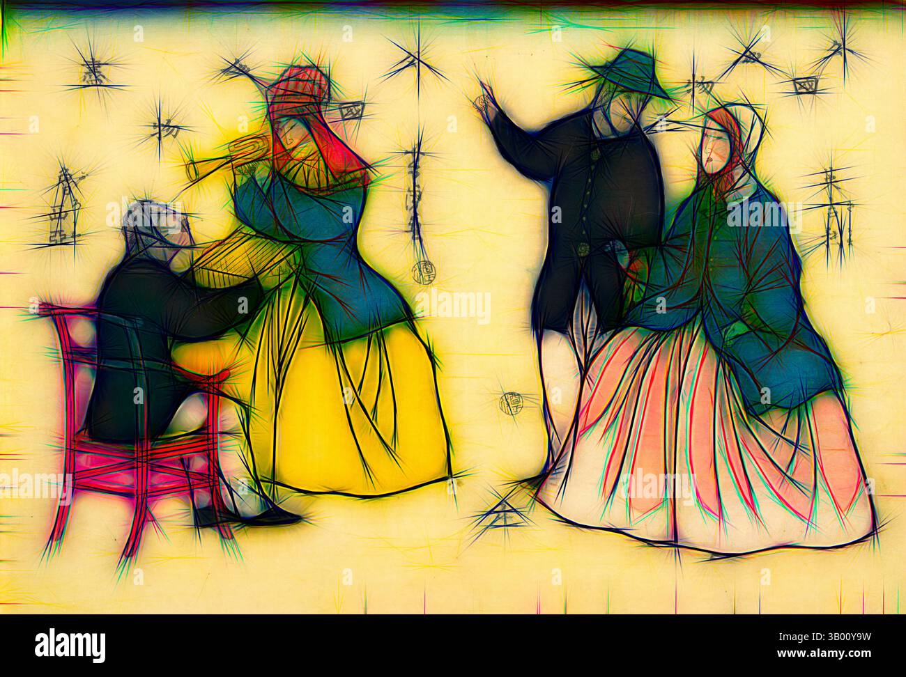 Una colorata rappresentazione di tre personaggi impegnati in una conversazione, ambientata su uno sfondo testurizzato pieno di linee e forme astratte. I personaggi indossano abiti storici, aggiungendo un tocco di drammaticità e vivacità alla scena. Arte classica con un tocco moderno reinventata da Artotop Foto Stock