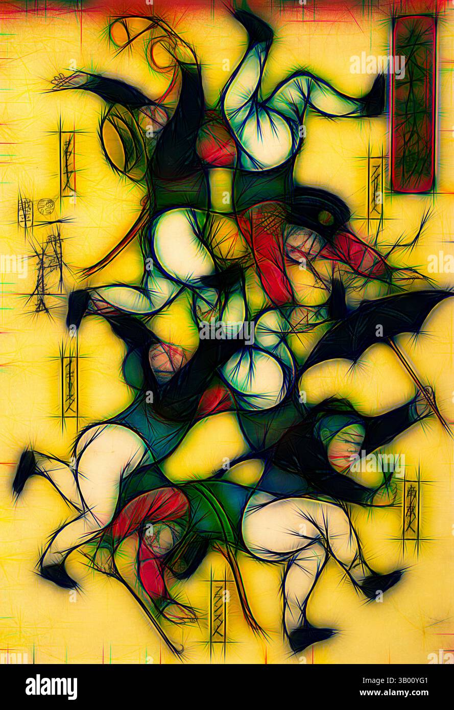 Una scena dinamica caratterizzata da un'energica dimostrazione di movimento e azione, in cui più figure si intrecciano in una composizione caotica ma vivace, che ricorda gli stili artistici tradizionali con un tocco astratto. I colori contrastanti aggiungono un senso di profondità e di drammaticità alla vivace interazione tra le figure. Arte classica con un tocco moderno reinventata da Artotop Foto Stock