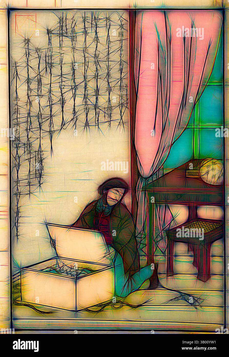 Una figura in una stanza poco illuminata siede sul pavimento, infilata in una scatola aperta accanto a un tavolo. I morbidi tendaggi incorniciano una finestra, aggiungendo un tocco di calore alla scena serena, mentre i delicati motivi aggiungono un tocco artistico allo spazio circostante. Arte classica con un tocco moderno reinventata da Artotop Foto Stock