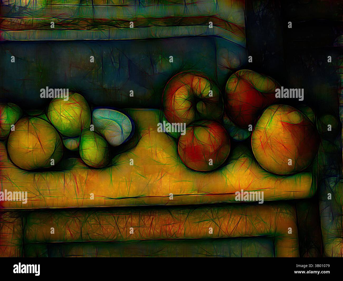 Un vivace assortimento di mele e agrumi disposti su una superficie testurizzata, che mostra una miscela di colori e un tocco artistico che ne esalta le forme e le forme naturali. Arte classica con un tocco moderno reinventata da Artotop Foto Stock