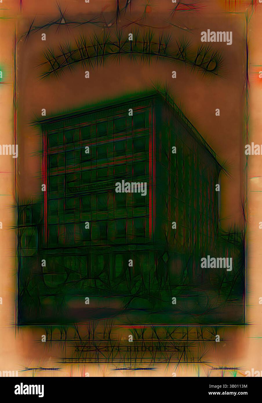 Un rendering stilizzato di un moderno edificio a più piani, circondato da elementi astratti e testurizzati che ne esaltano le caratteristiche architettoniche. La composizione complessiva trasmette un senso di profondità e complessità, invitando gli spettatori a esplorare l'interazione tra struttura e ambiente. Arte classica con un tocco moderno reinventata da Artotop Foto Stock