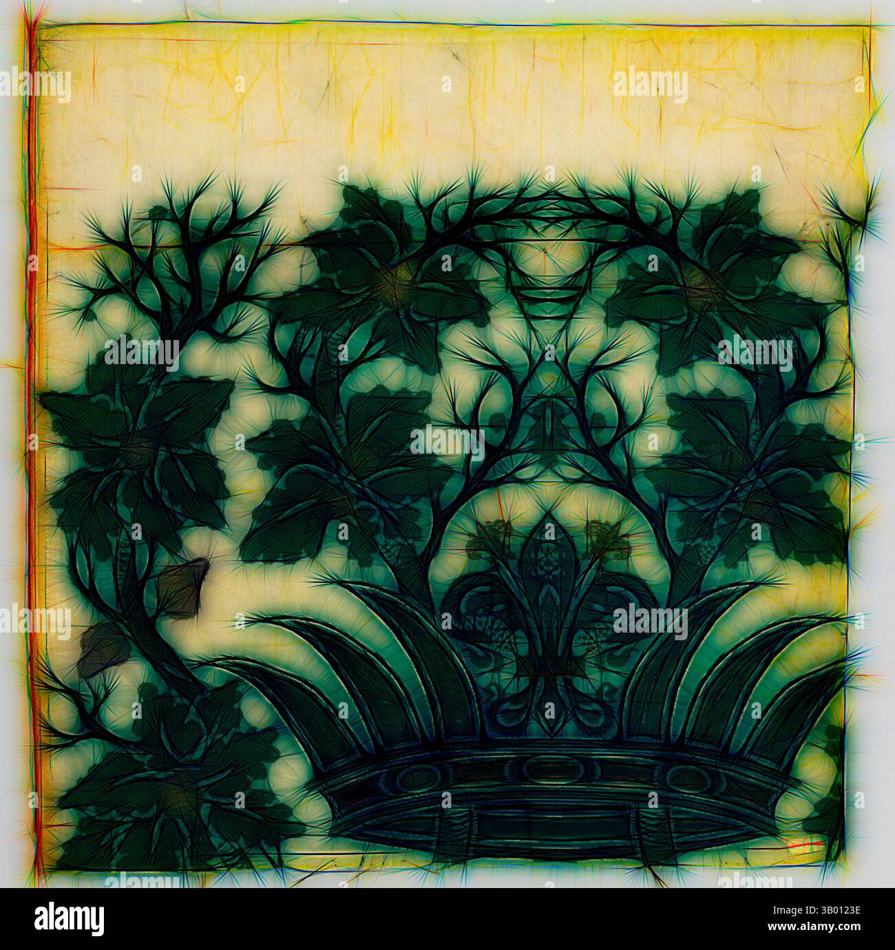 Un design intricato con foglie stilizzate e motivi floreali che creano un armonioso mix di natura ed eleganza, incorniciato da un bordo ornato che aggiunge profondità e carattere. Arte classica con un tocco moderno reinventato da Artotop Foto Stock