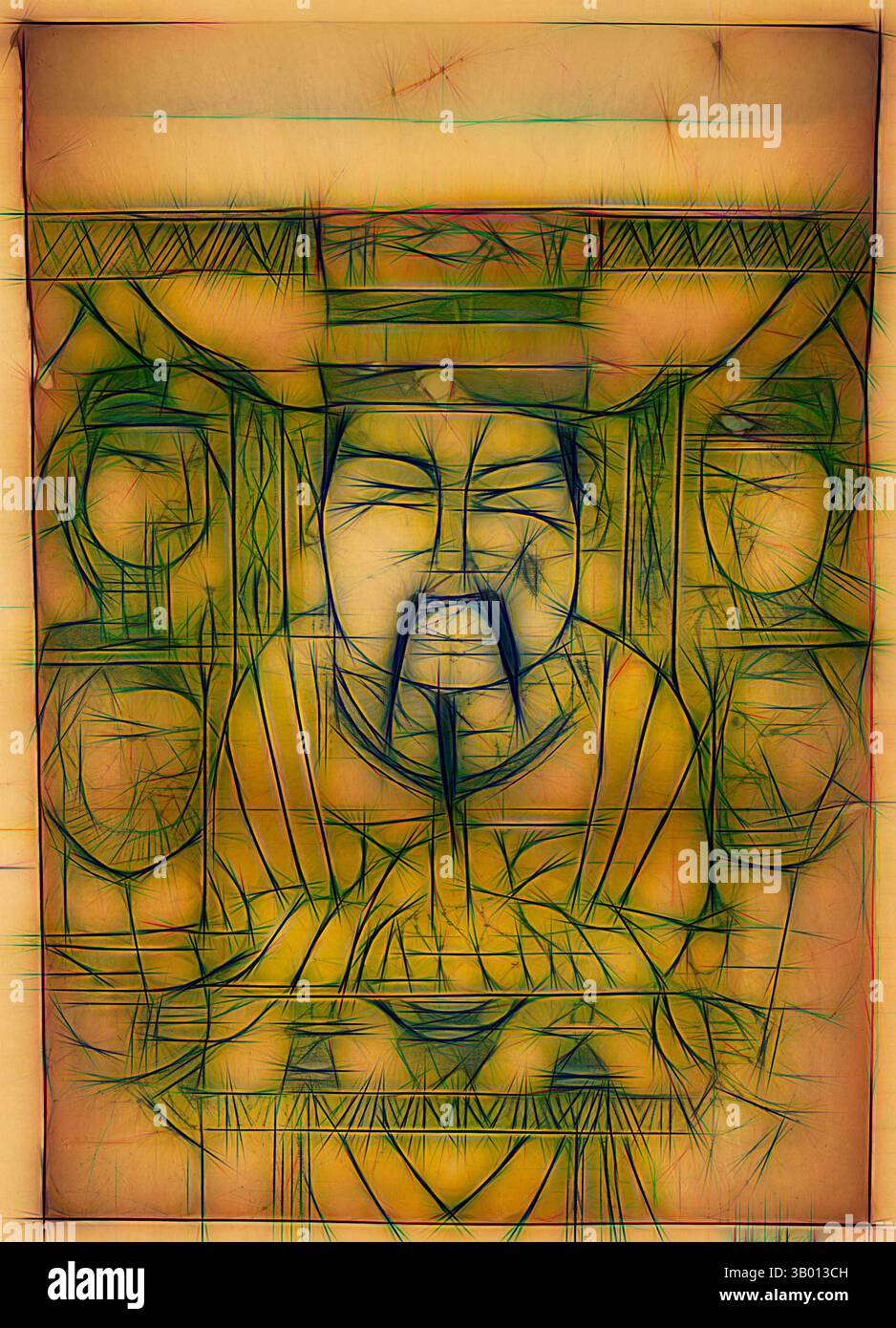 Intricata raffigurazione di una figura, che potrebbe rappresentare un carattere storico o mitologico, circondata da motivi e simboli ornati. Le caratteristiche enfatizzate del viso e le mani suggeriscono un senso di autorità o riverenza. Arte classica con un tocco moderno reinventata da Artotop Foto Stock