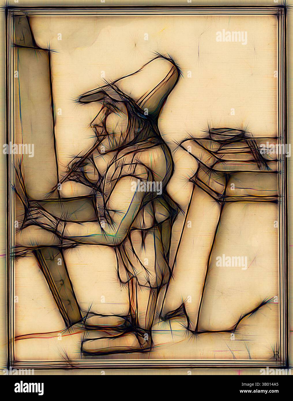 Una figura stravagante in un cappello a tesa larga si erge accanto a una collezione di oggetti, impegnata in un'attività che evoca curiosità e narrazione. Le linee e le texture creano un design divertente ma complesso, aggiungendo un senso di profondità e unicità alla scena. Arte classica con un tocco moderno reinventata da Artotop Foto Stock