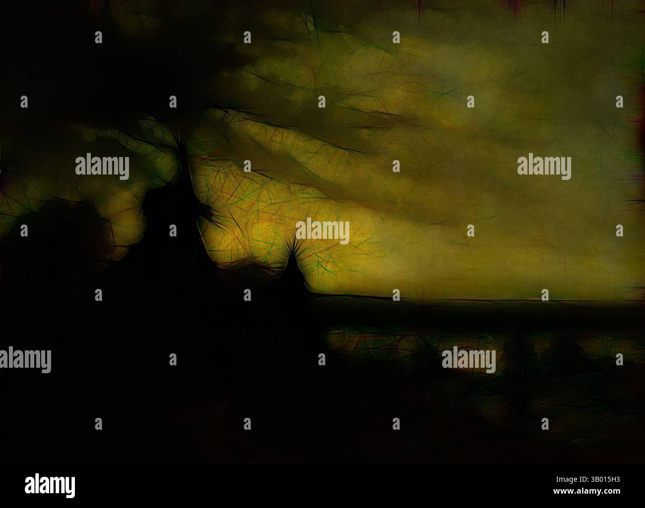 Un paesaggio misterioso avvolto nel buio, caratterizzato da sagome frastagliate di alberi o strutture contro un cielo incredibilmente vibrante, che crea una scena inquietante e suggestiva. Arte classica con un tocco moderno reinventata da Artotop Foto Stock