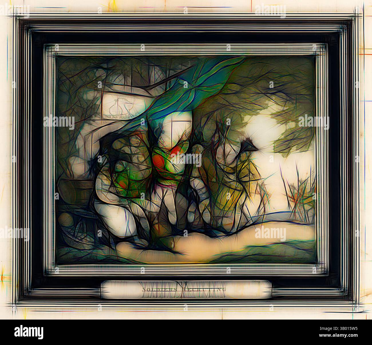 Una scena stravagante presenta figure astratte intrecciate con colori vivaci, ambientate su uno sfondo di forme organiche e linee fluide, evocando un'atmosfera da sogno. La cornice circostante aggiunge un tocco di eleganza e attenzione alla complessa composizione. Arte classica con un tocco moderno reinventata da Artotop Foto Stock