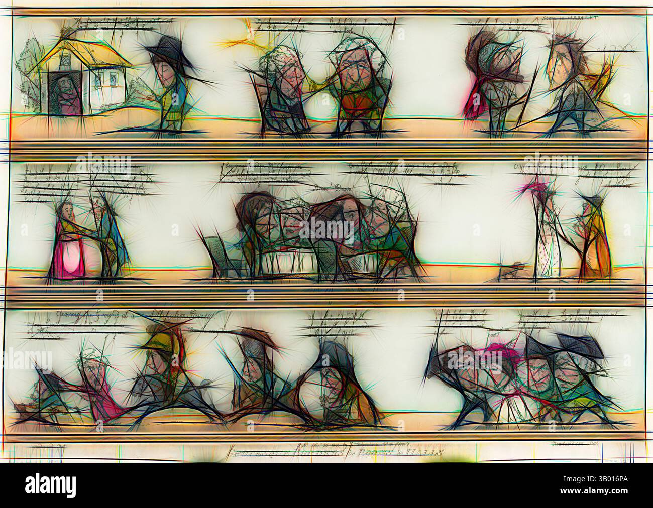 Una serie di figure espressive trasmettono una narrazione di lotta e comunità, ambientata sullo sfondo della vita rurale. I personaggi interagiscono con l'intensità emotiva, evidenziando temi di resilienza e connessione, mentre linee astratte e colori creano un ritmo visivo dinamico. Arte classica con un tocco moderno reinventata da Artotop Foto Stock