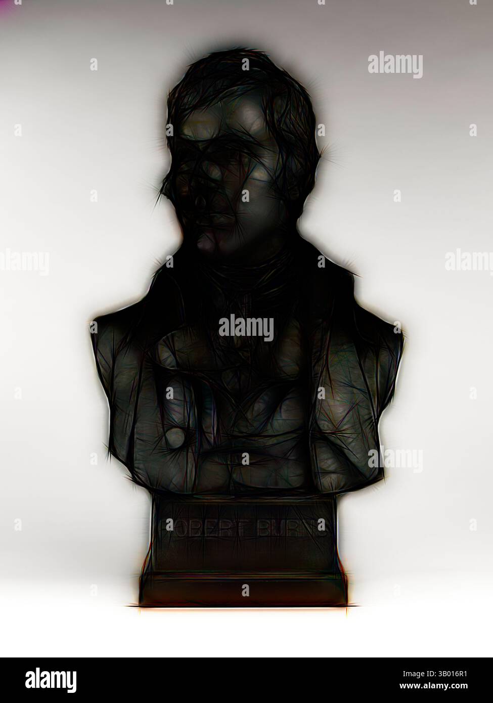Una dettagliata scultura del busto di Robert Burns, caratterizzata da texture intricate e una forte enfasi sui contorni del suo viso e del suo abbigliamento. Arte classica con un tocco moderno reinventata da Artotop Foto Stock
