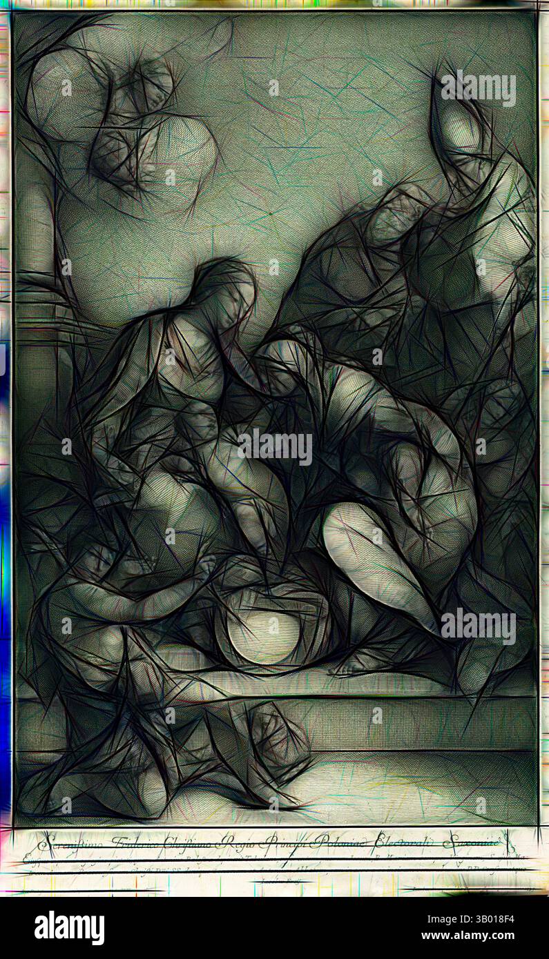 Una rappresentazione stilizzata di un gruppo di figure impegnate in un momento di tumulto emotivo, circondate da forme astratte e texture che esaltano il senso del dramma e del movimento. La composizione suggerisce temi di lotta, connessione e l'esperienza umana., arte classica con un tocco moderno reinventata da Artotop Foto Stock