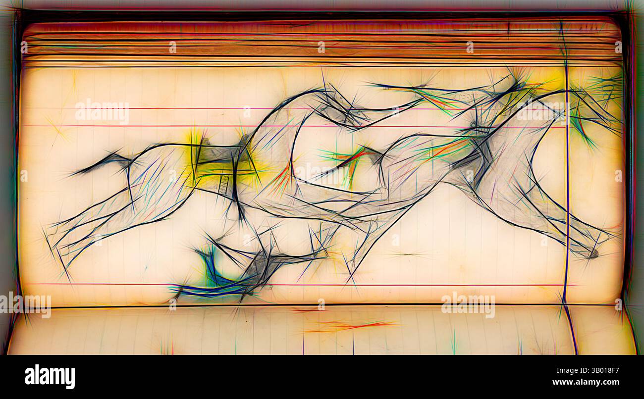 Una rappresentazione astratta di cavalli galoppanti, catturati con linee fluide e movimento dinamico, evoca un senso di velocità ed energia su uno sfondo sottile. Arte classica con un tocco moderno reinventata da Artotop Foto Stock